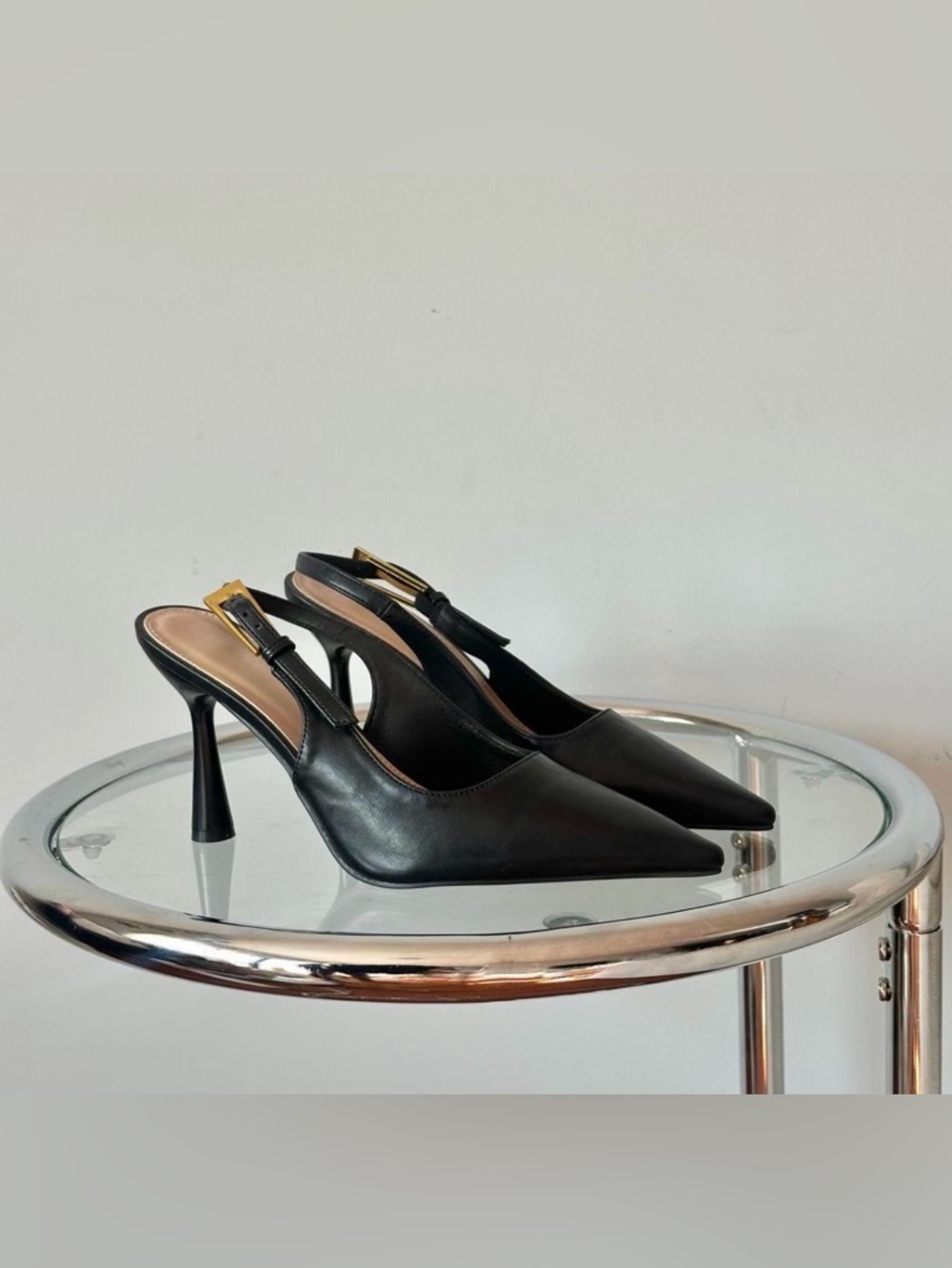SHEIN Black Pointed Slingback Heels with Gold Buckle Accent